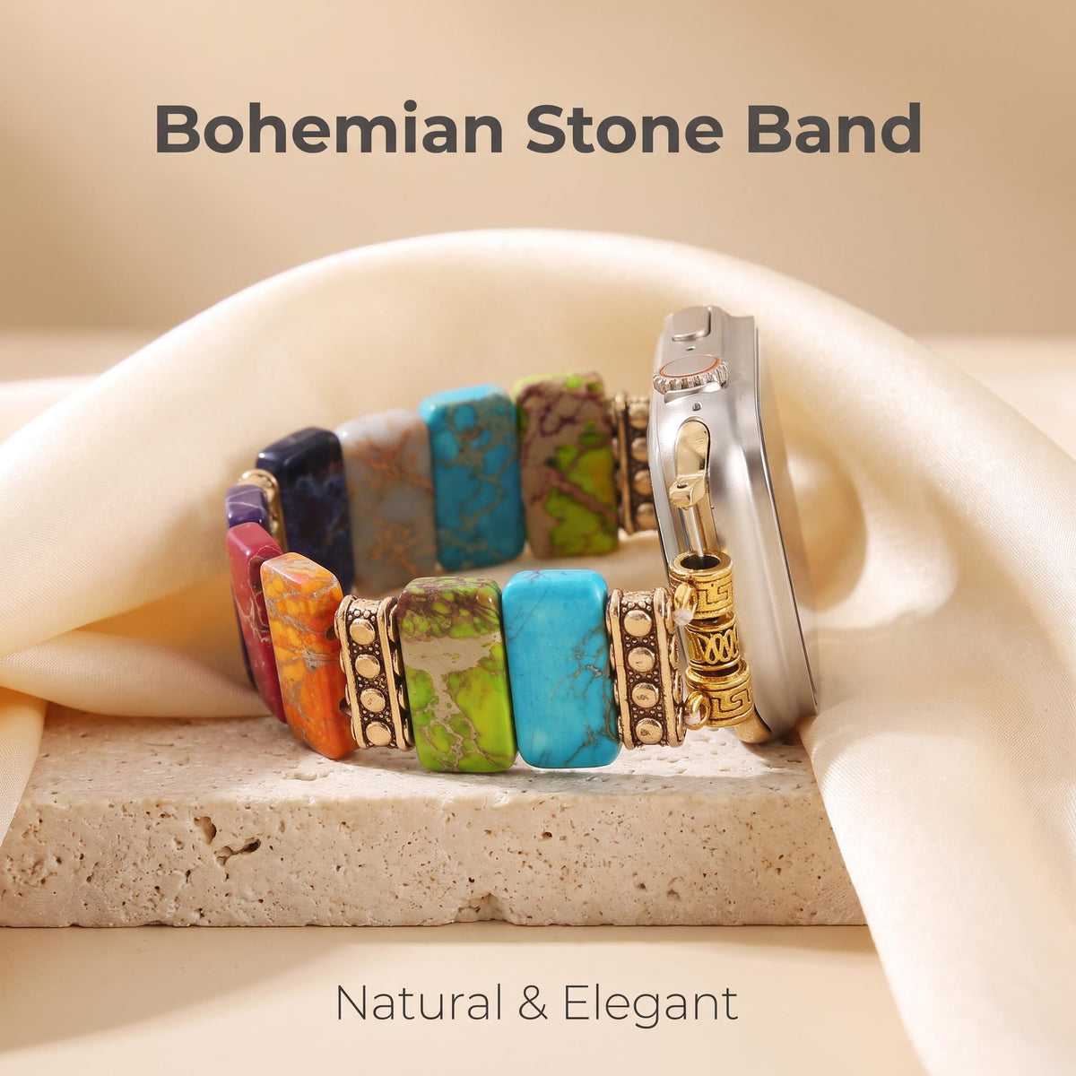 Rainbow Bohemian Jade Stone Apple Watch Band with Colorful Gemstone Beads