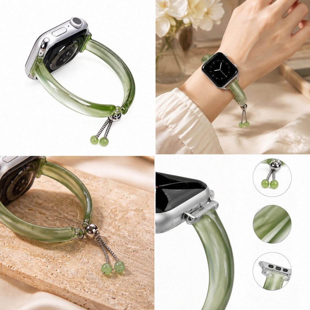 Cat eye jade charm watch band with translucent green bracelet design for Apple Watch