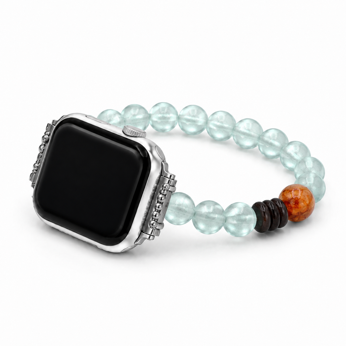 Handcrafted aquamarine and amber beaded stretch Apple Watch band displayed on a clean white background