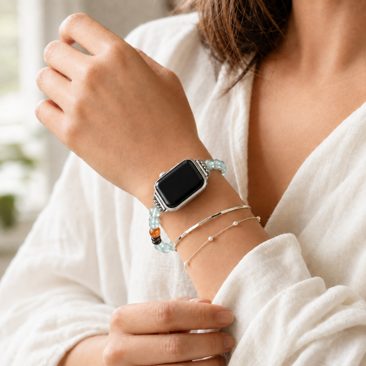 Aquamarine Stone Apple Watch Band Worn on Wrist