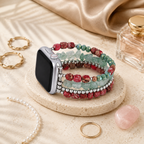 Close up detail of multi-strand beaded Apple Watch strap showing high quality stones