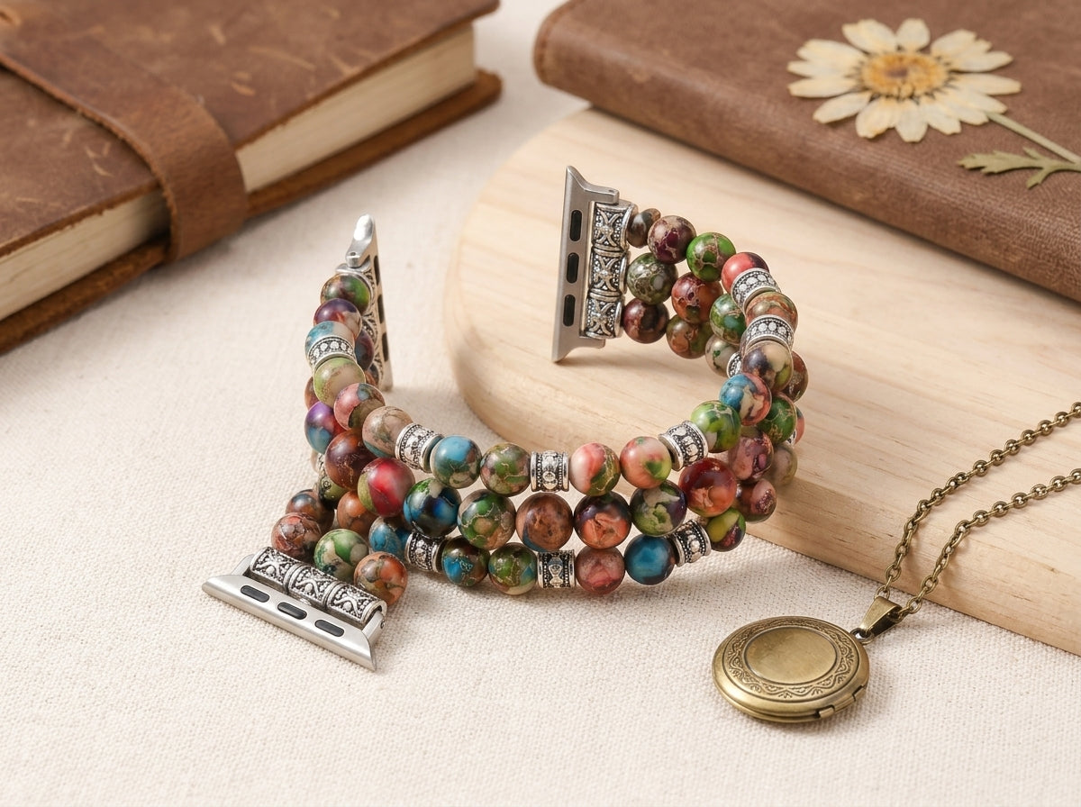 Close up of gemstone beads and vintage metal details Apple Watch strap