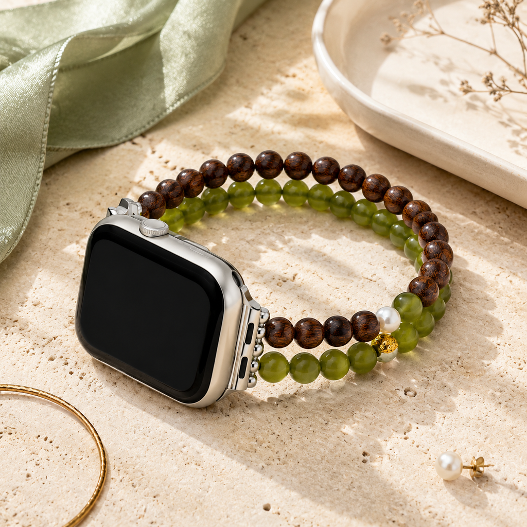 Bohemian wood and olive green beaded Apple Watch bracelet band worn on a woman's wrist while holding a coffee mug
