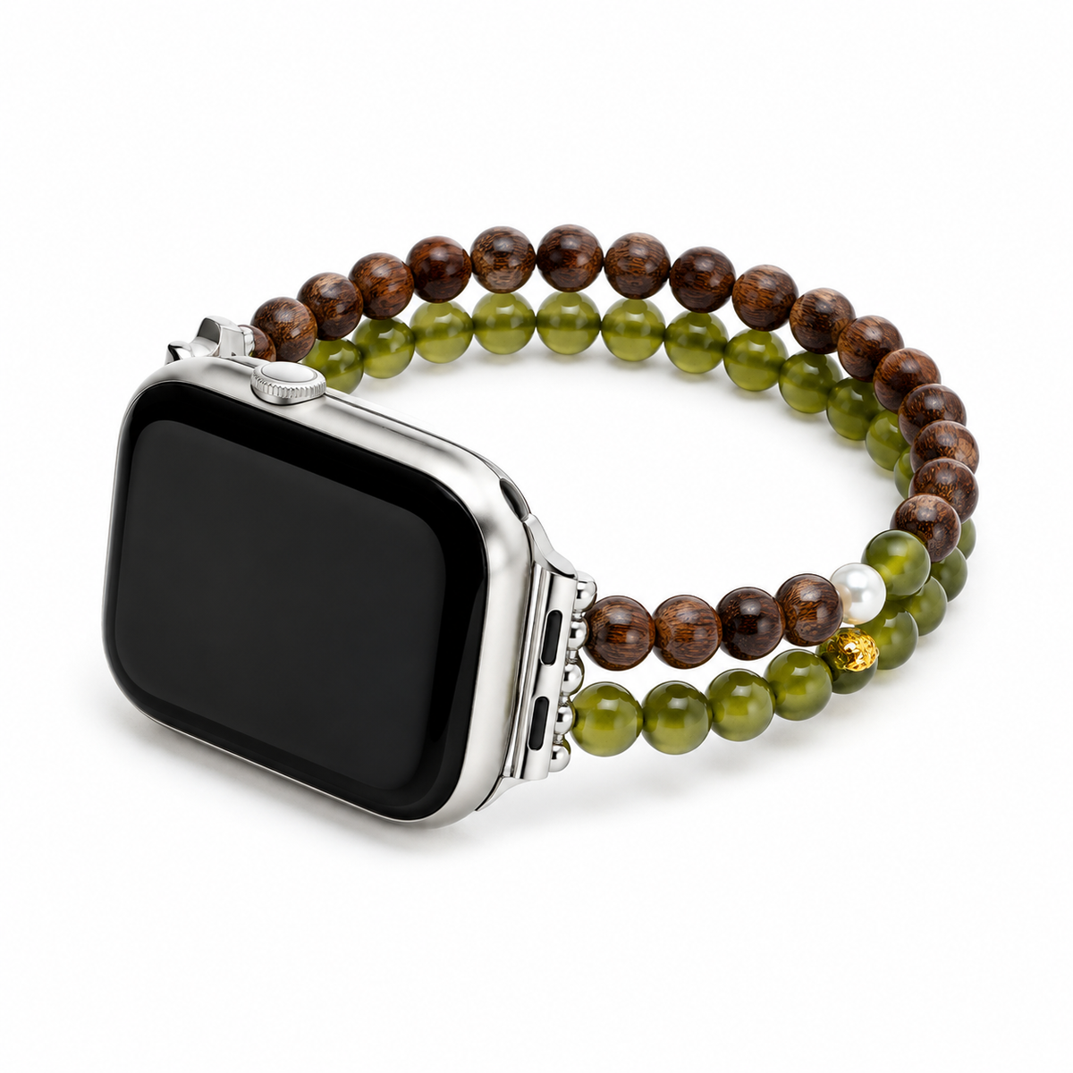 Bohemian Wood & Olive Stone Apple Watch Band - White Background