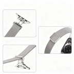 Close up view of stainless steel mesh Apple Watch band magnetic clasp