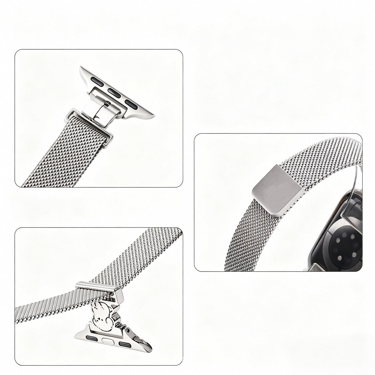 Close up view of stainless steel mesh Apple Watch band magnetic clasp