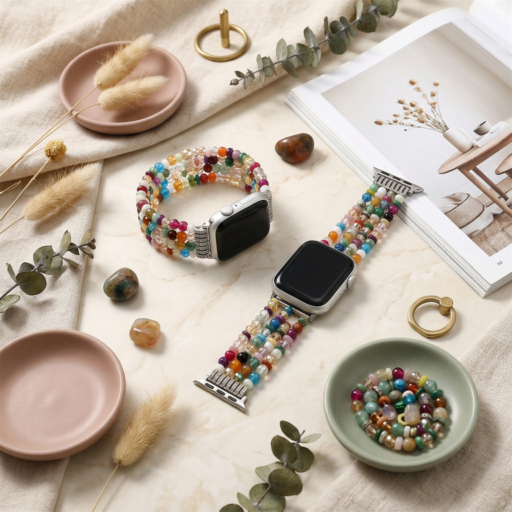 Colorful beaded Apple Watch bracelet displayed with elegant lifestyle accessories