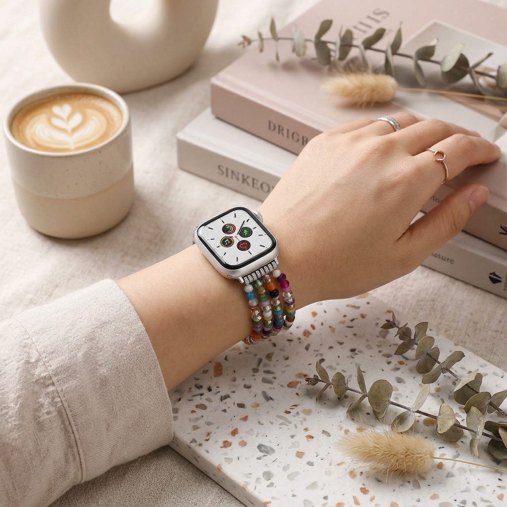 Woman wearing colorful beaded Apple Watch bracelet accessory