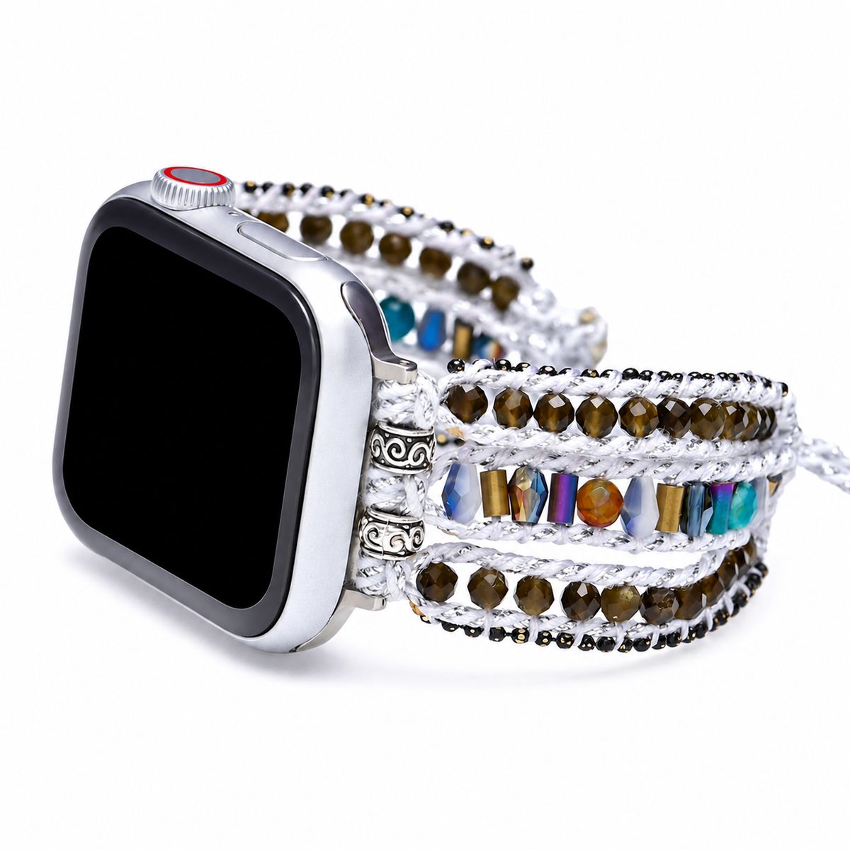 Ivory tiger eye wrap Apple Watch band with white woven cord on a white background