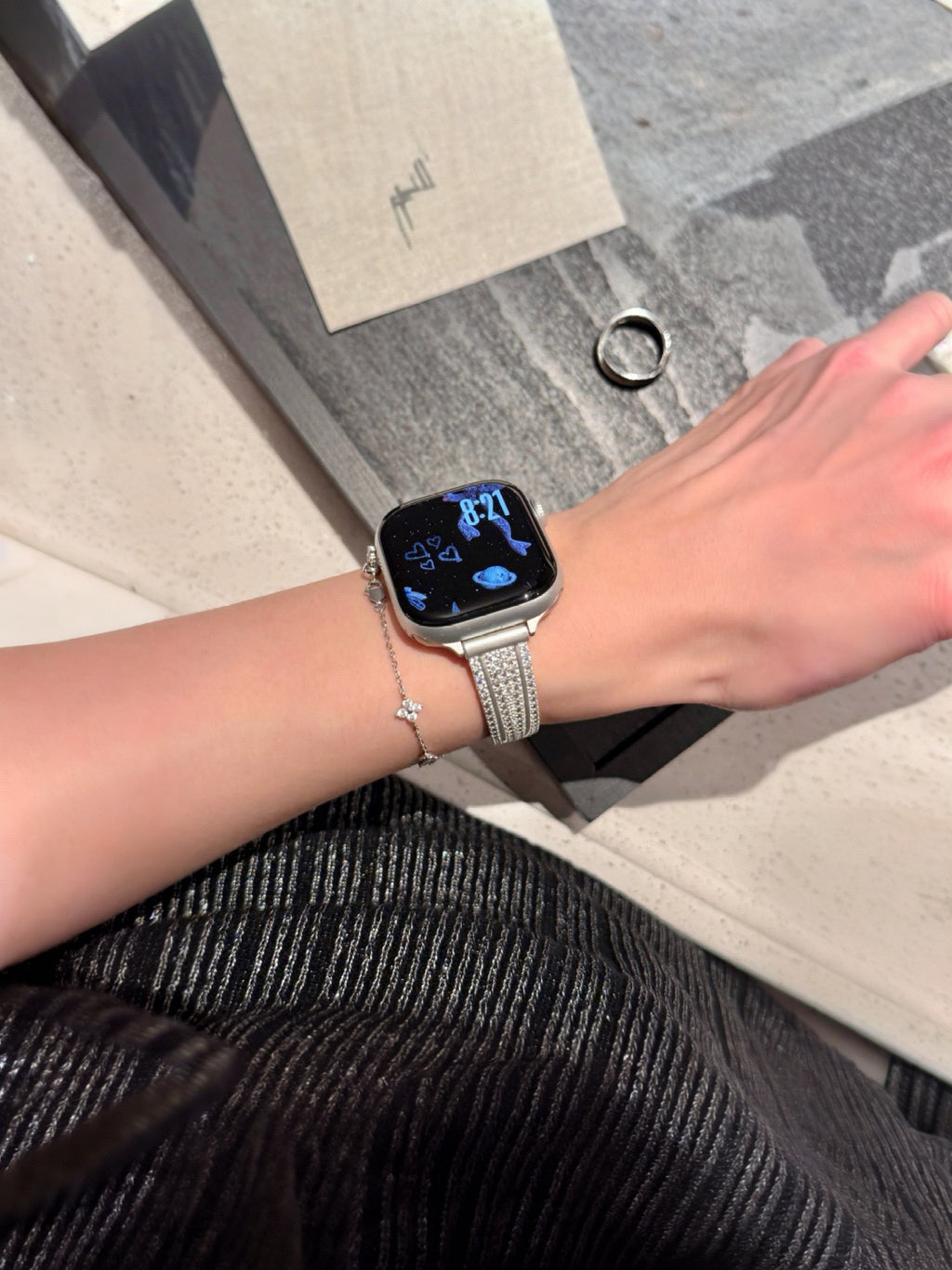 Elegant rhinestone Apple Watch band worn on wrist as a luxury jewelry bracelet