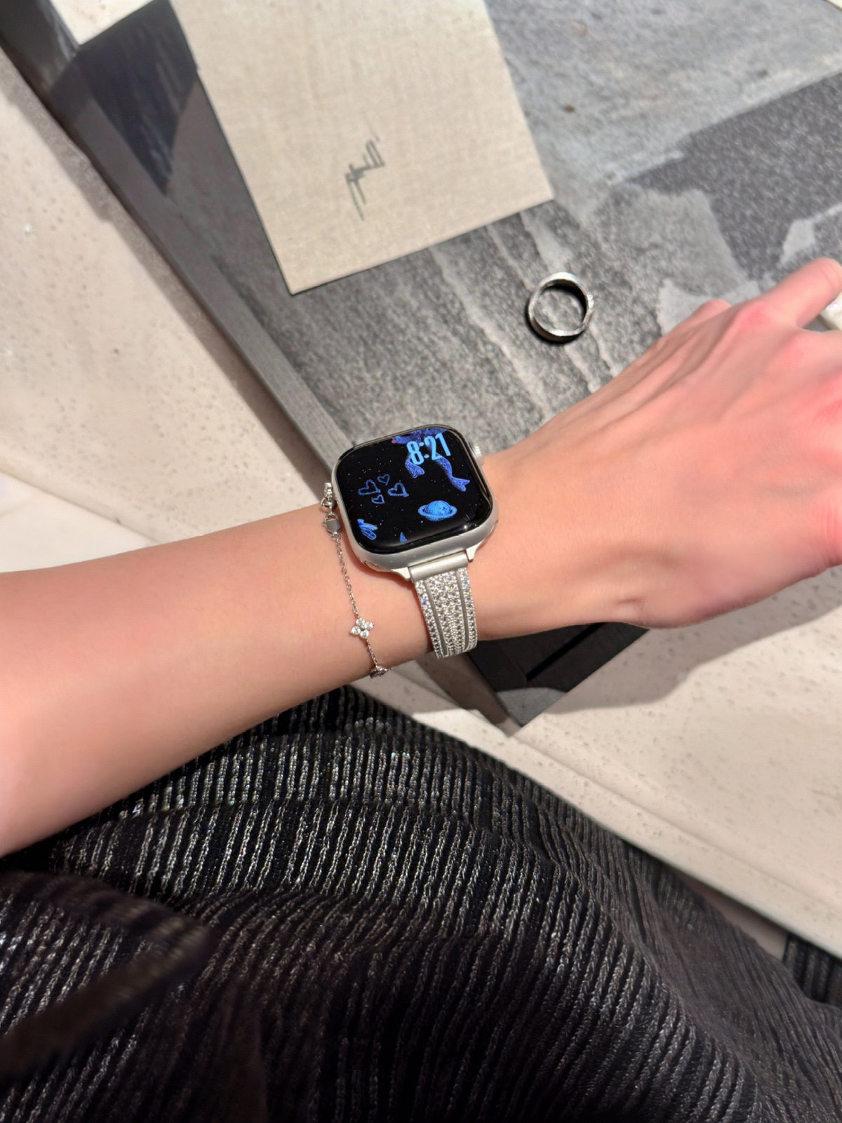 Elegant rhinestone Apple Watch band worn on wrist as a luxury jewelry bracelet