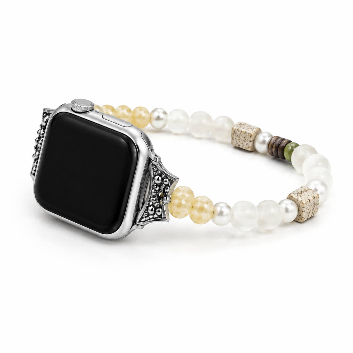 Mountain Letter natural stone beaded Apple Watch band with silver decorative connectors