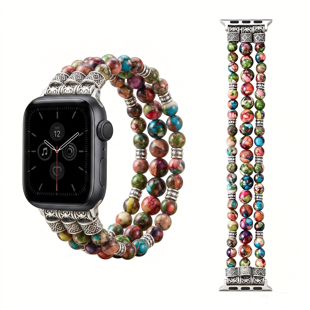 Natural stone beaded Apple Watch band bracelet with colorful gemstone beads