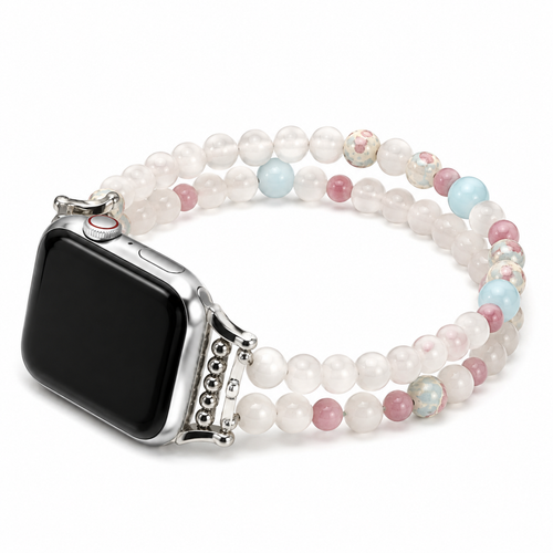 Handcrafted pastel beaded gemstone Apple Watch band on a clean white background