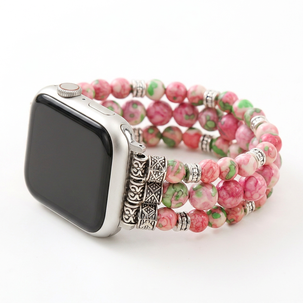 Pink bohemian jade beaded Apple Watch band with jewelry-inspired details