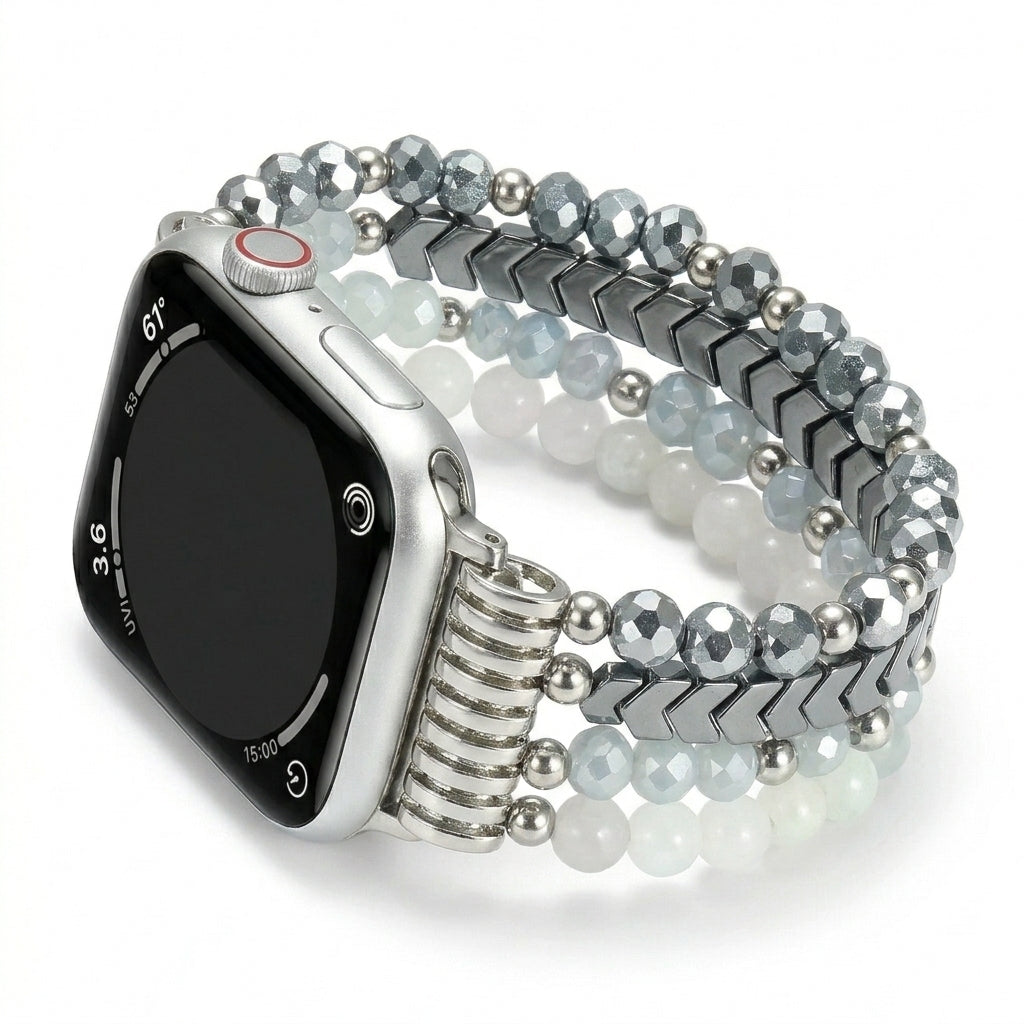 Silver and ice blue crystal beaded Apple Watch band with jewelry-inspired details