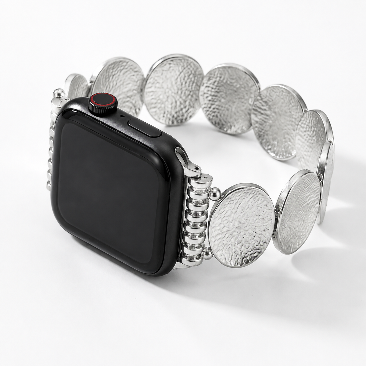 Silver disc jewelry Apple Watch band with hammered metal bracelet design
