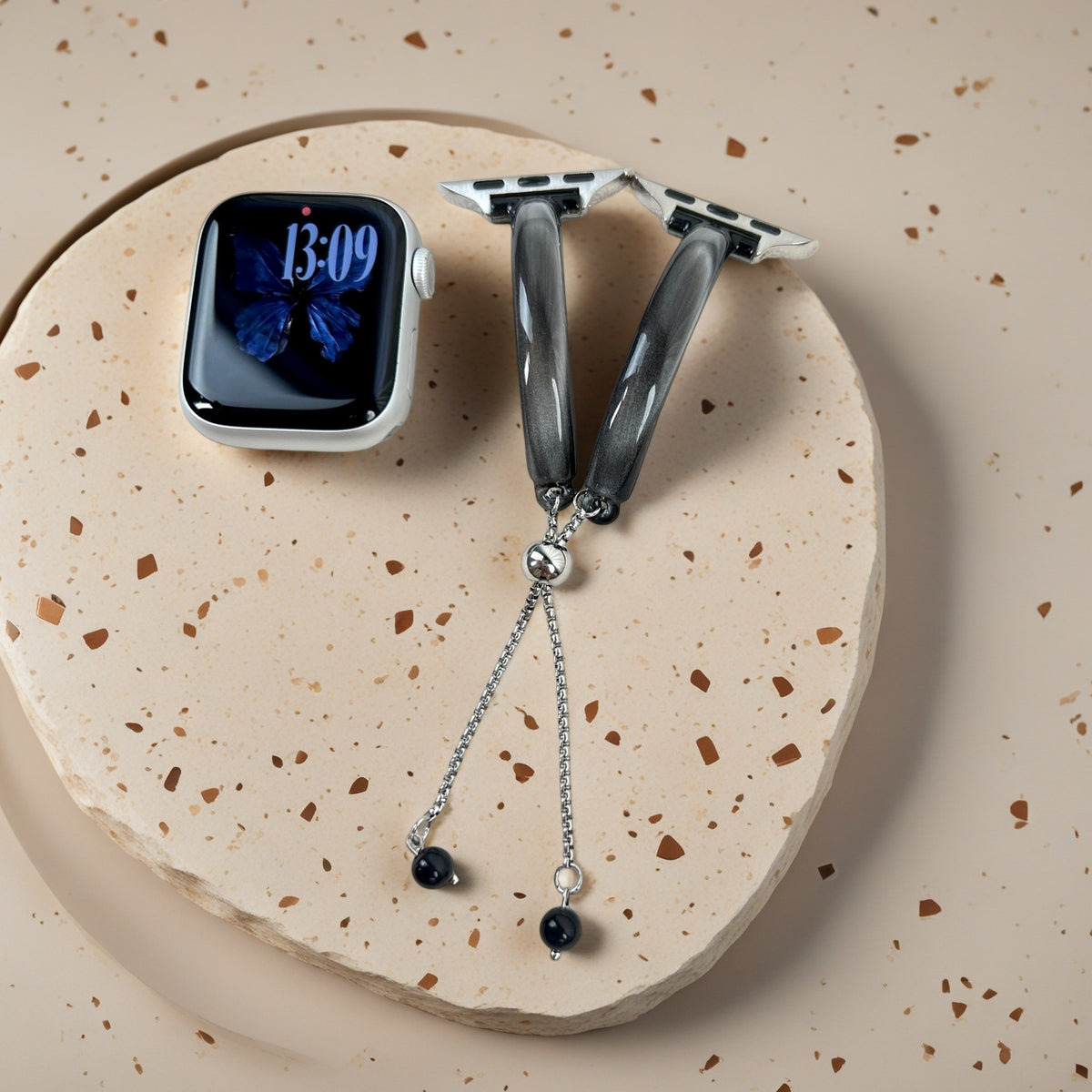 Black cat eye bracelet band for Apple Watch with elegant bead tassel