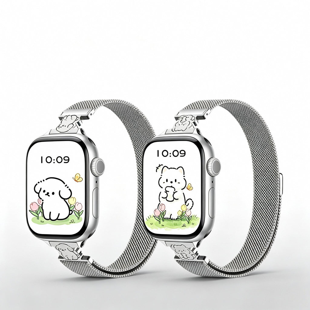 Cute Puppy Pattern Print Metal Mesh Strap for Apple Watch