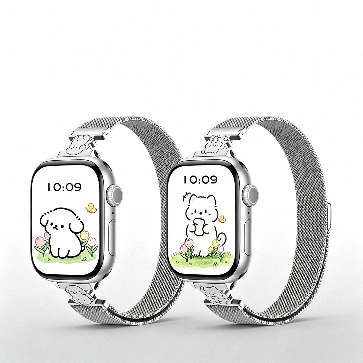 Cute Puppy Pattern Print Metal Mesh Strap for Apple Watch