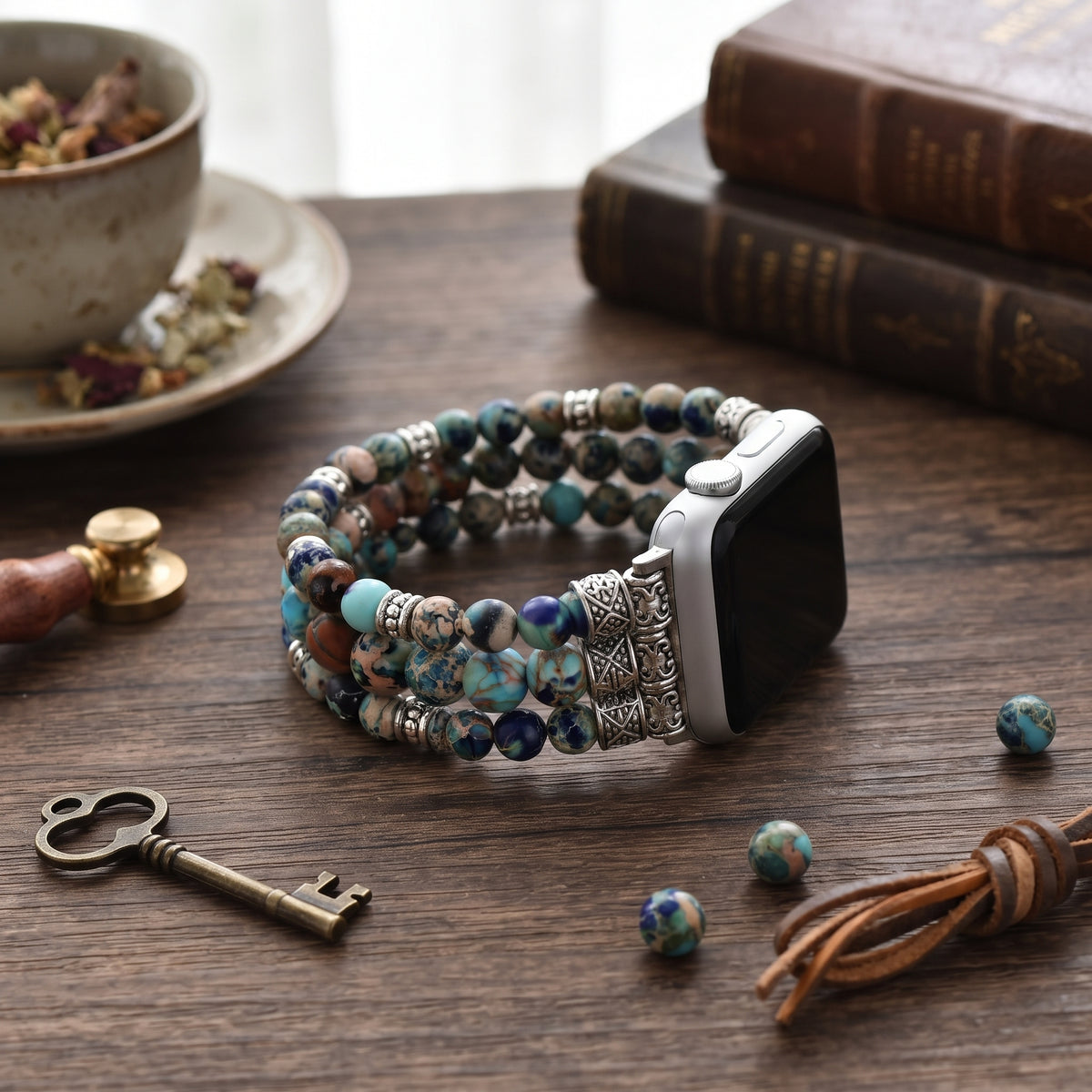 Aqua Stone Beaded Apple Watch band styled as a jewelry accessory