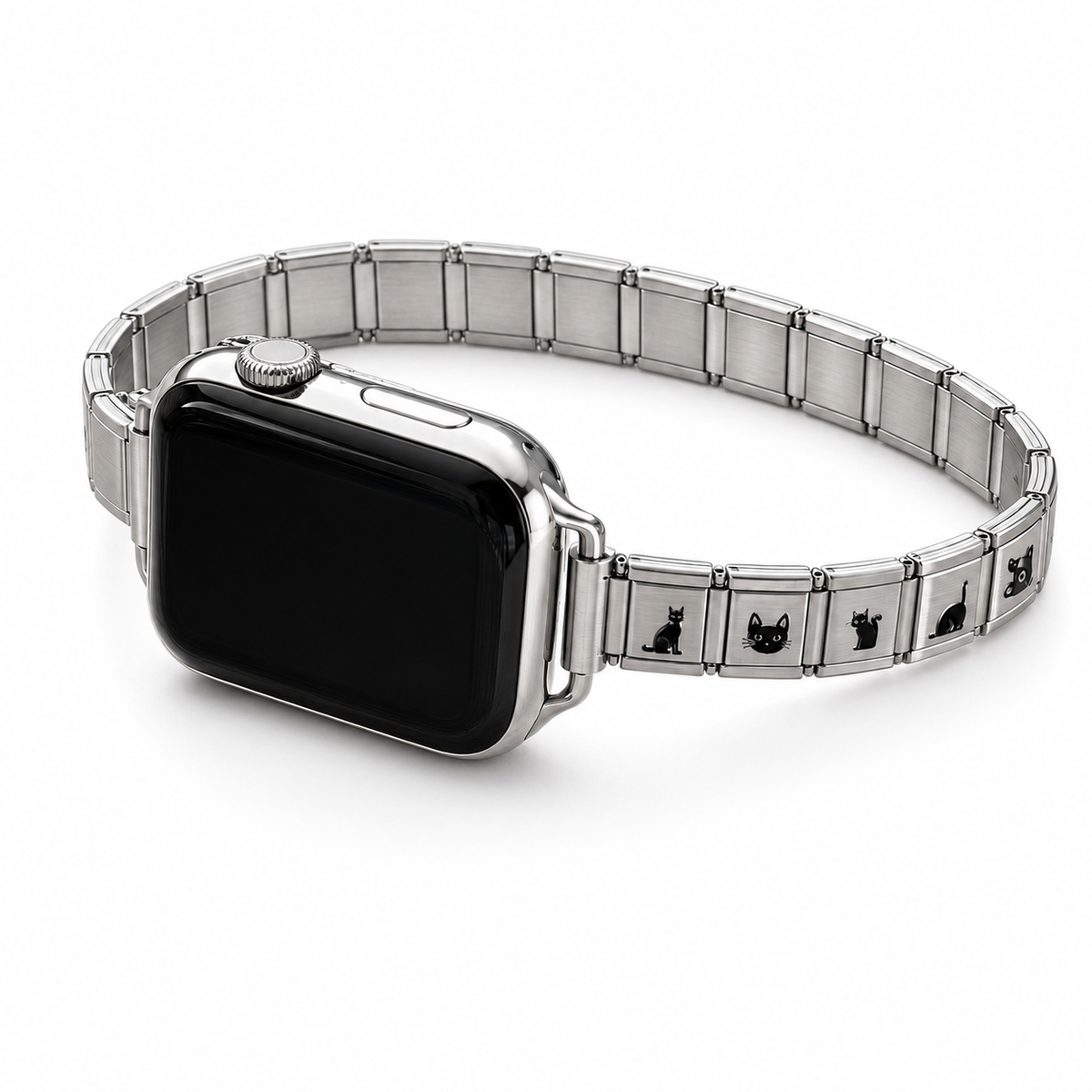 VELOWEN silver cat Apple Watch band with black kitten motifs on a white background