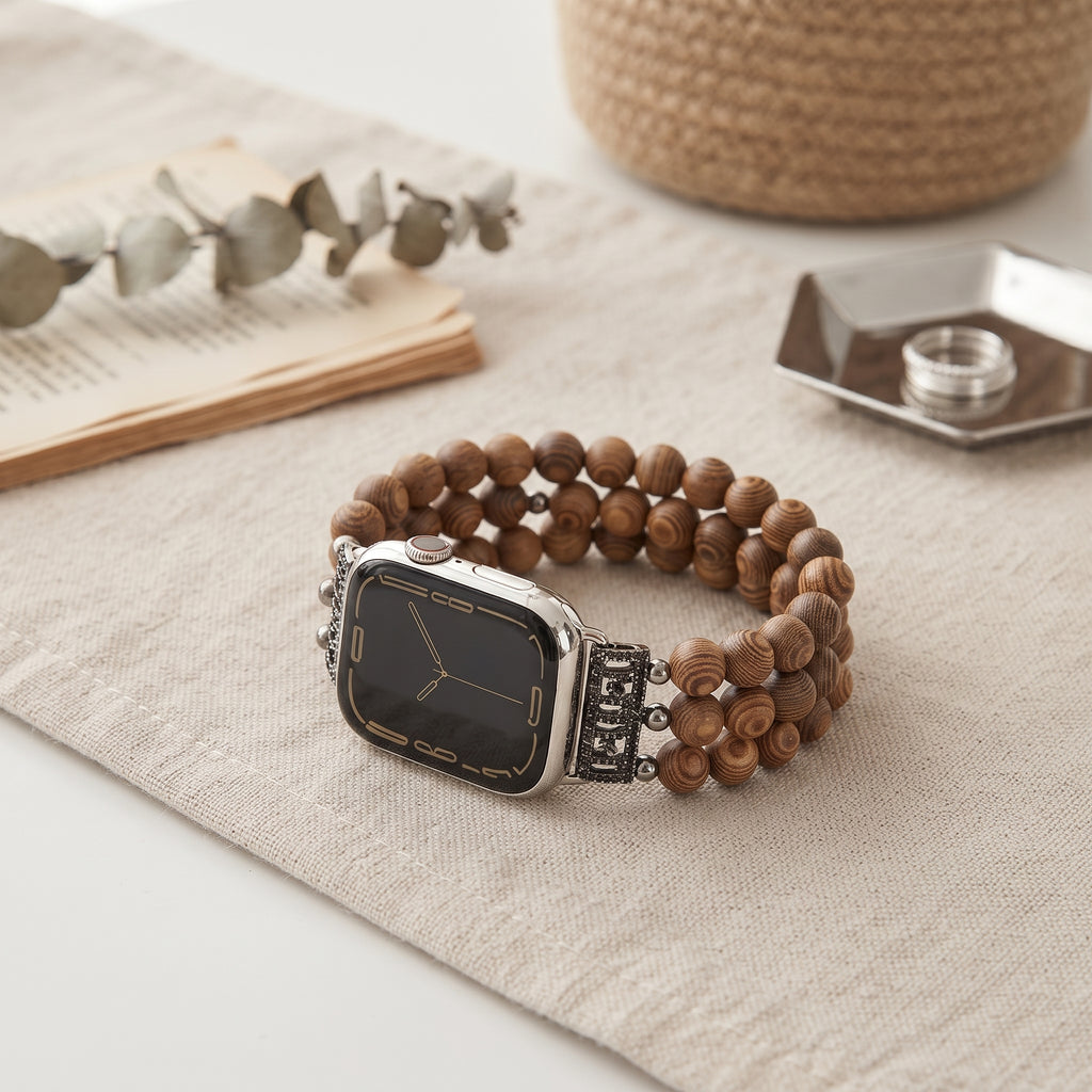Natural Wood Beaded Apple Watch band styled as a jewelry accessory