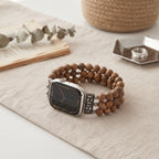 Natural Wood Beaded Apple Watch band styled as a jewelry accessory
