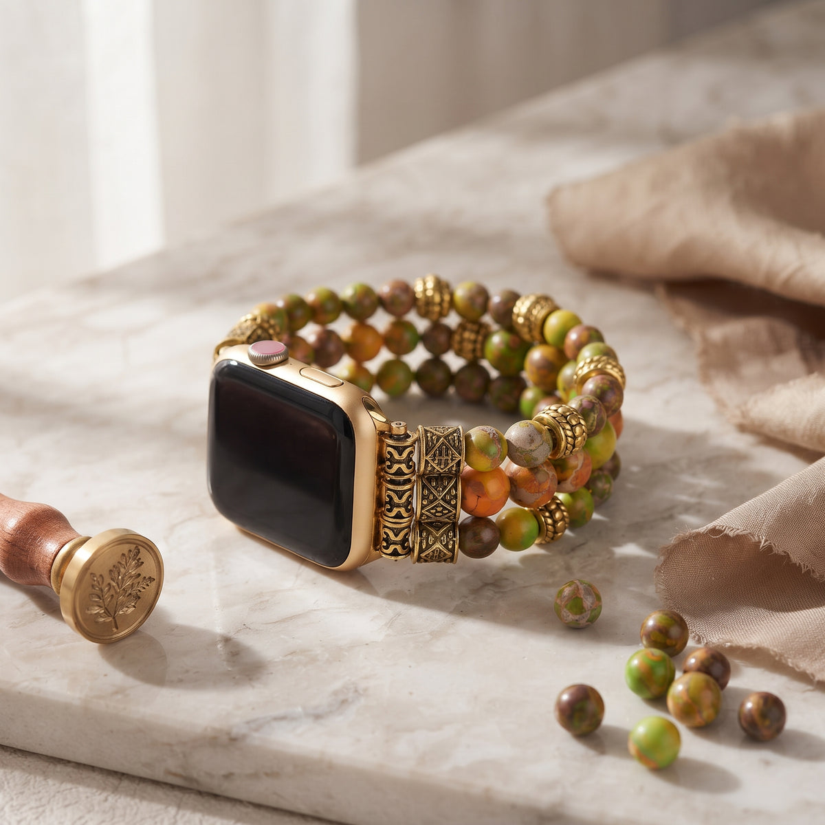 Pearl & Turquoise Jewelry Apple Watch band styled as a jewelry accessory