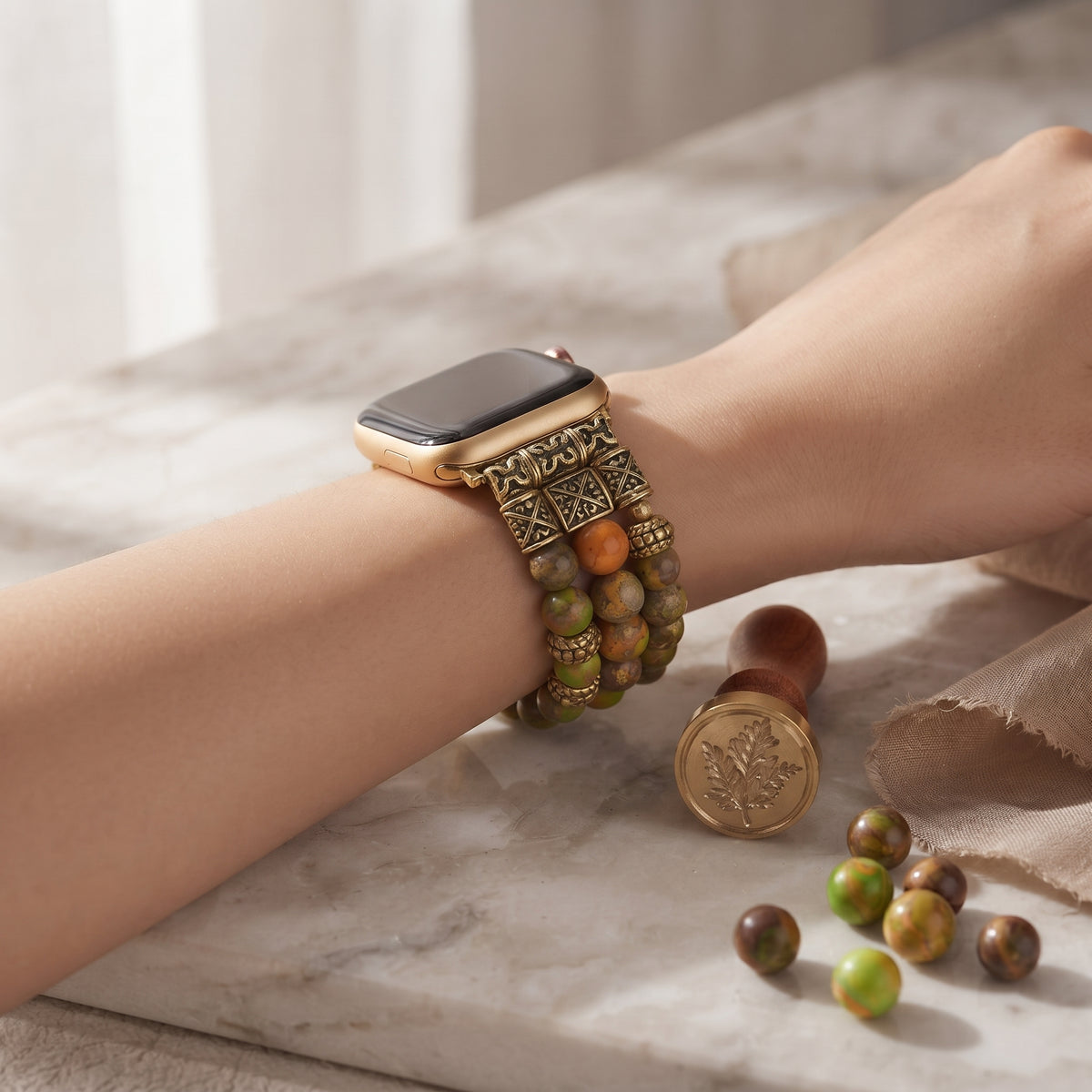 Pearl & Turquoise Jewelry Apple Watch band worn on the wrist