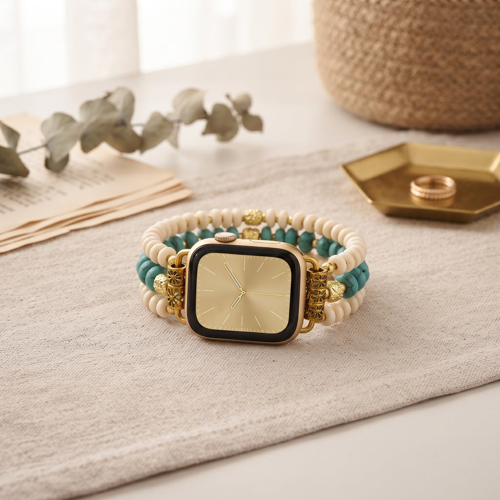 Turquoise & White Beaded Apple Watch band styled as a jewelry accessory