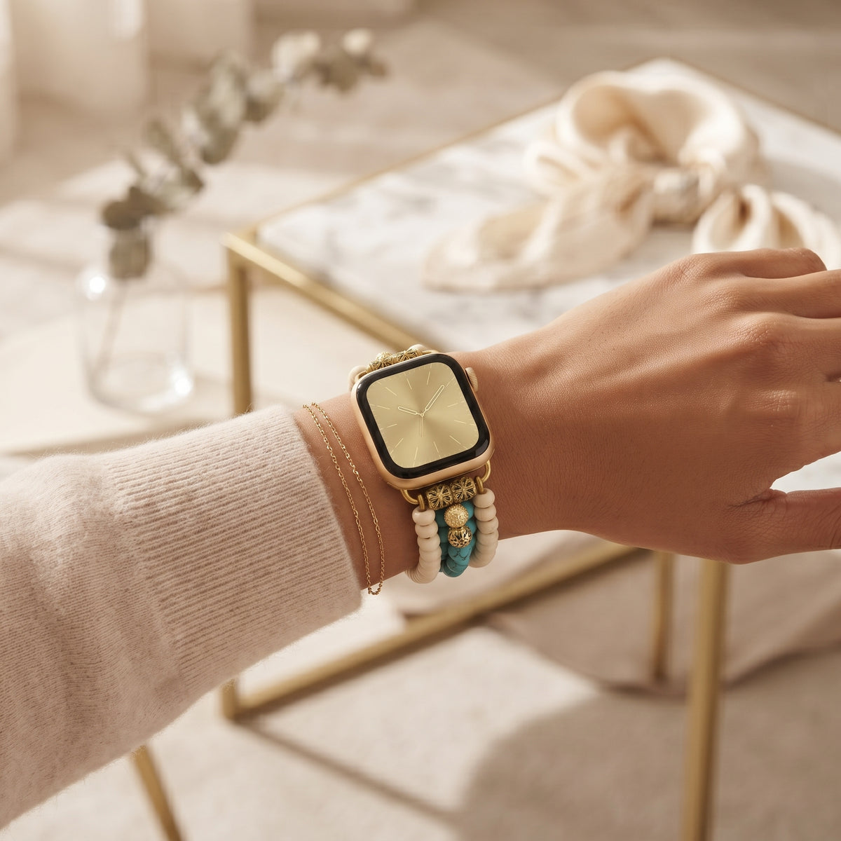 Turquoise & White Beaded Apple Watch band worn on the wrist