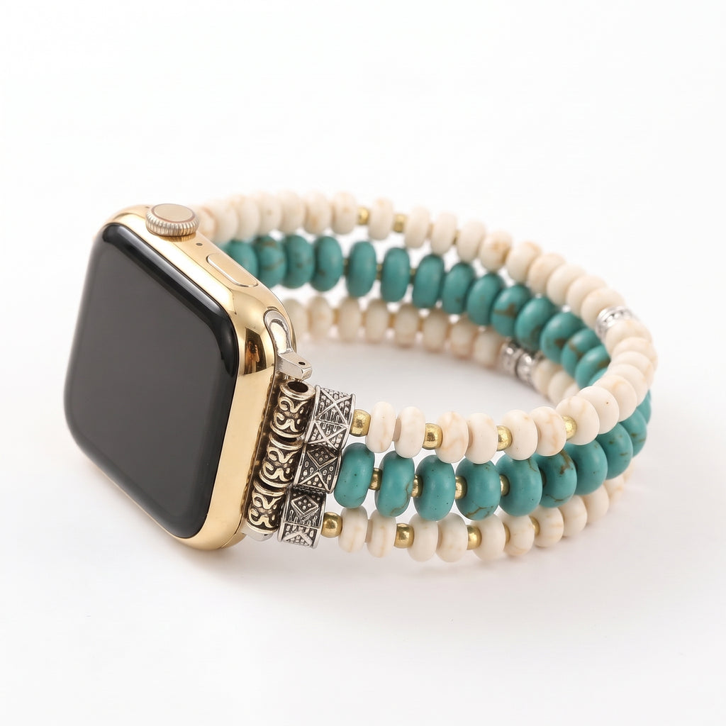 Turquoise & White Beaded Apple Watch band on a clean white background