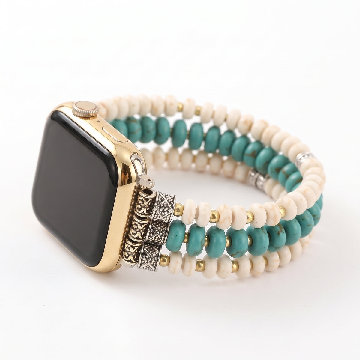 Turquoise & White Beaded Apple Watch band on a clean white background