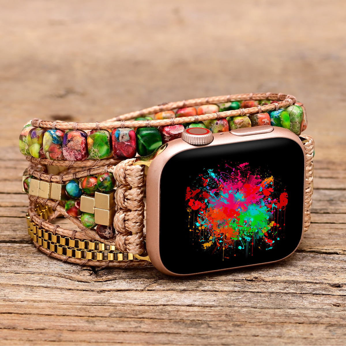 Close-up detail of Western Multicolor Stone Wrap Apple Watch band