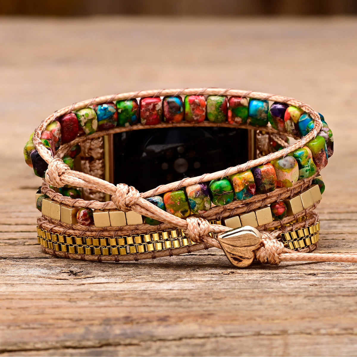 Western Multicolor Stone Wrap Apple Watch band styled as a jewelry accessory
