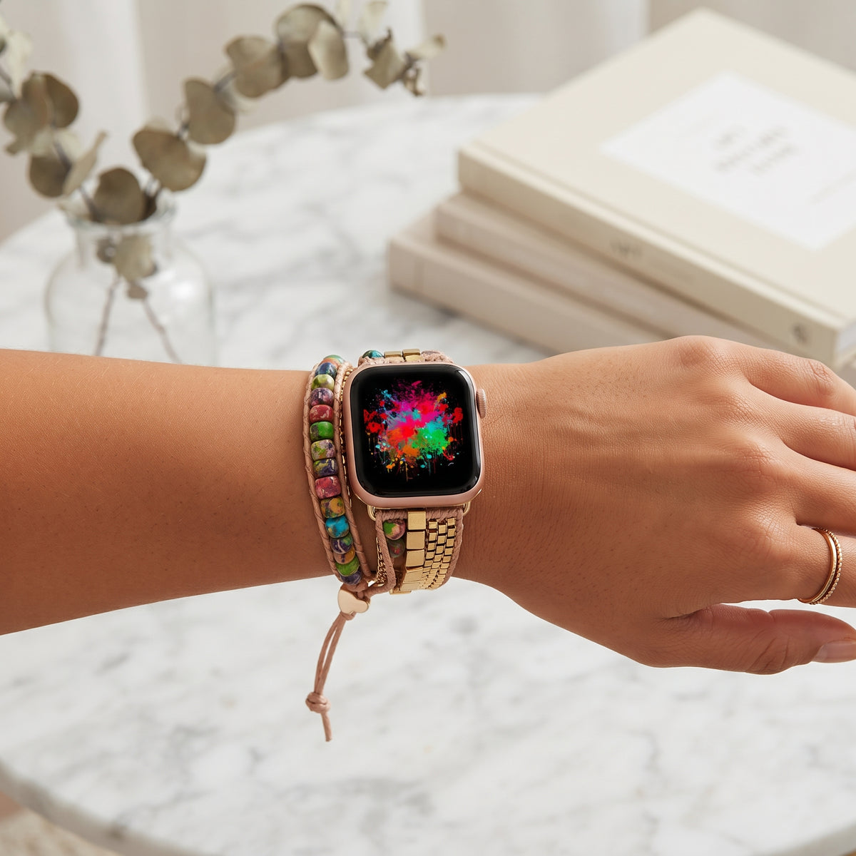 Western Multicolor Stone Wrap Apple Watch band worn on the wrist
