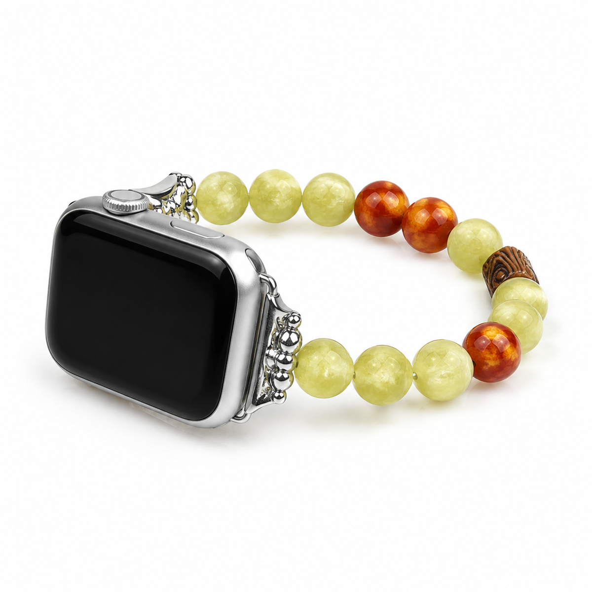 VELOWEN Wild Fairyland green beaded Apple Watch band for women with orange and wood-tone accents